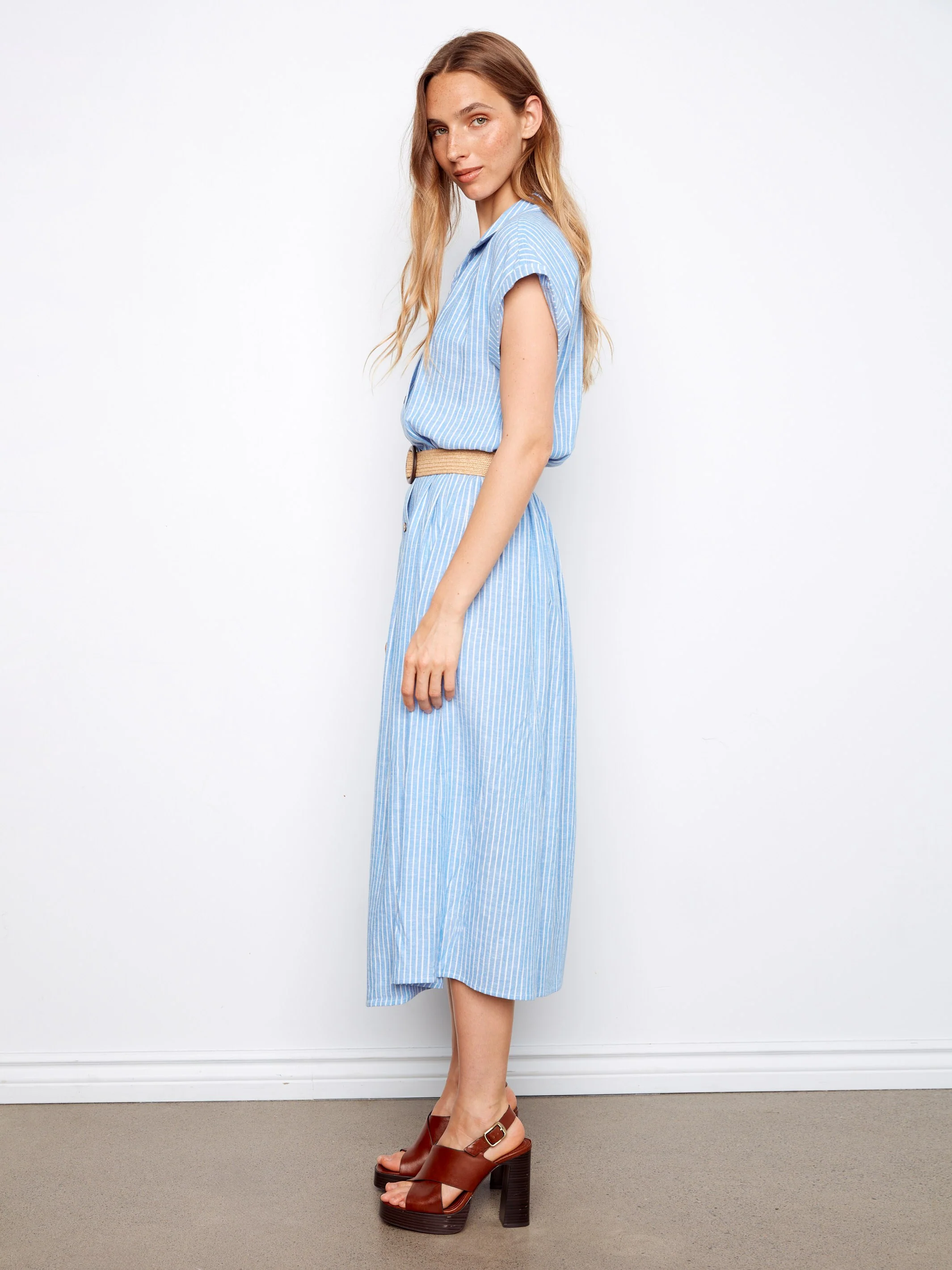 Striped Linen Blend Maxi Dress With Belt - Bluebell - Image 5