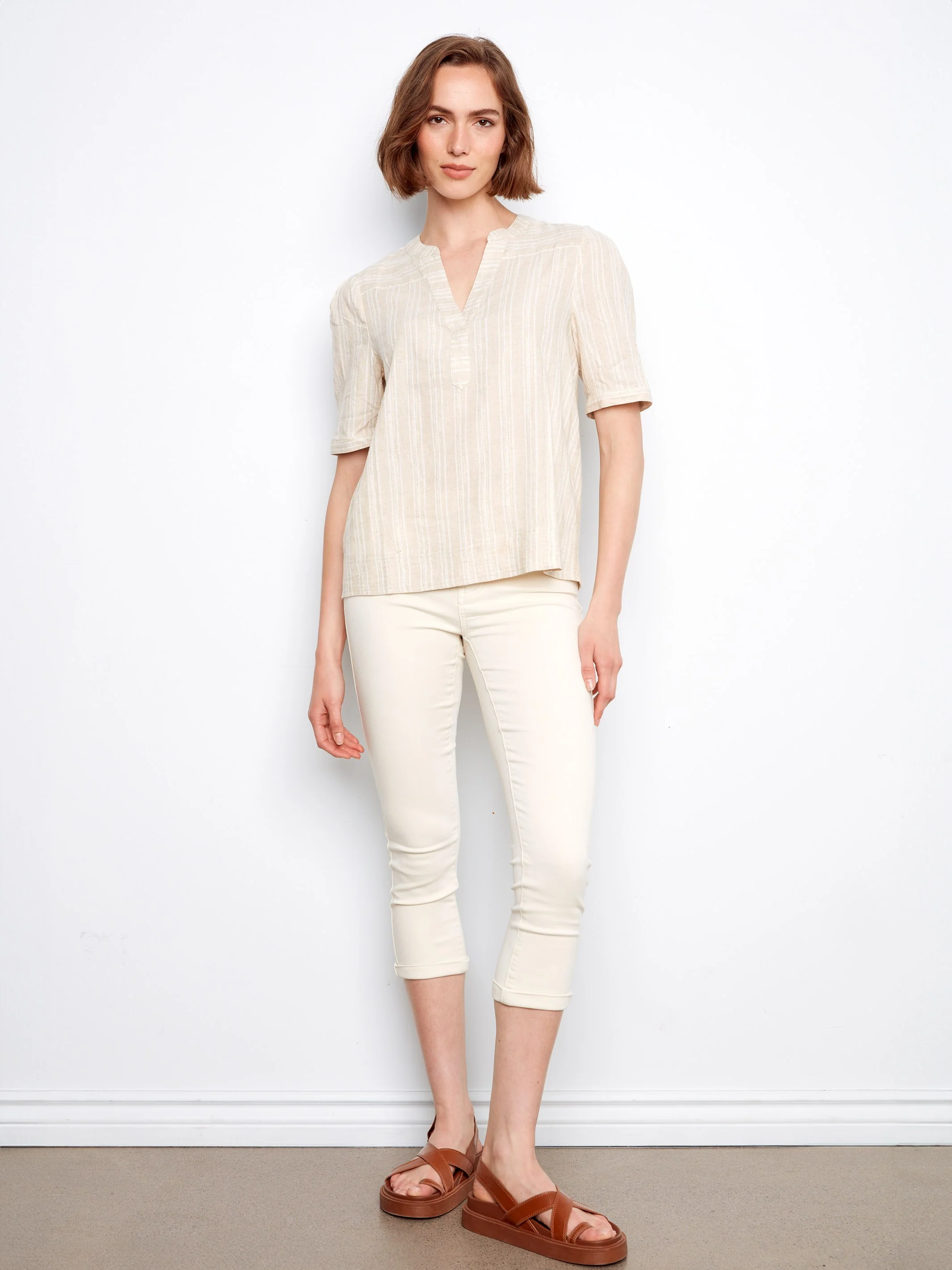Striped Short Sleeve Blouse - Fog - Image 4