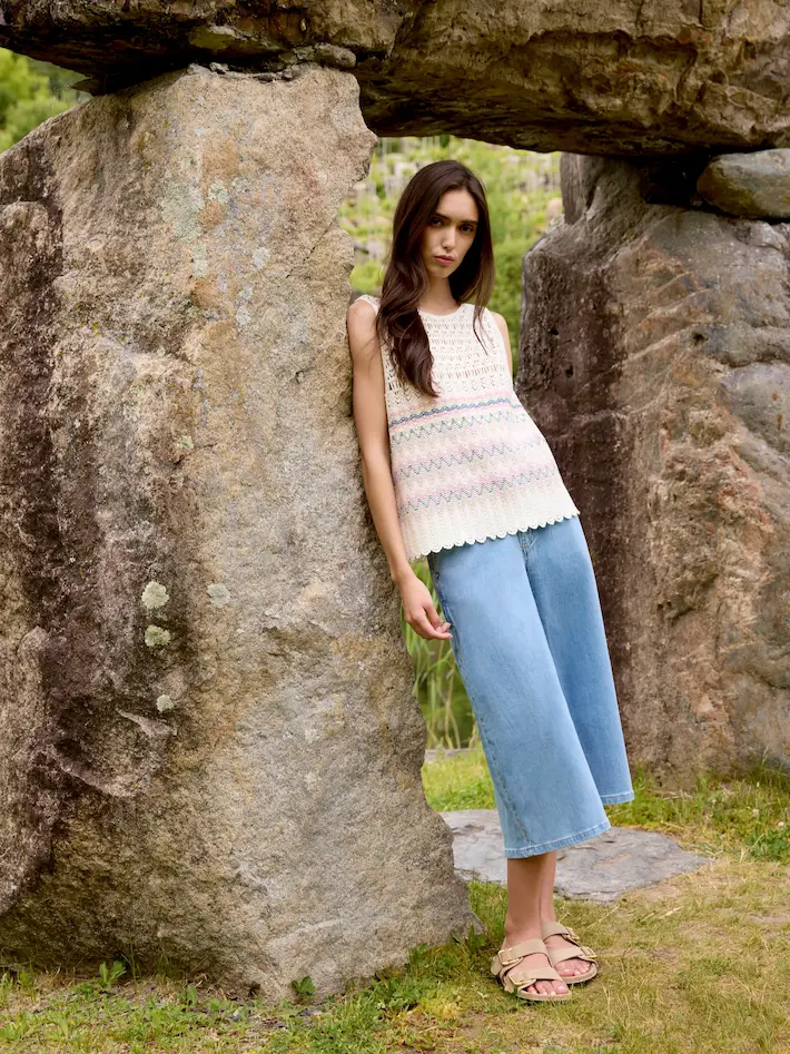 Striped Sleeveless Crochet Cotton Blend Top - Stripes - Image 6