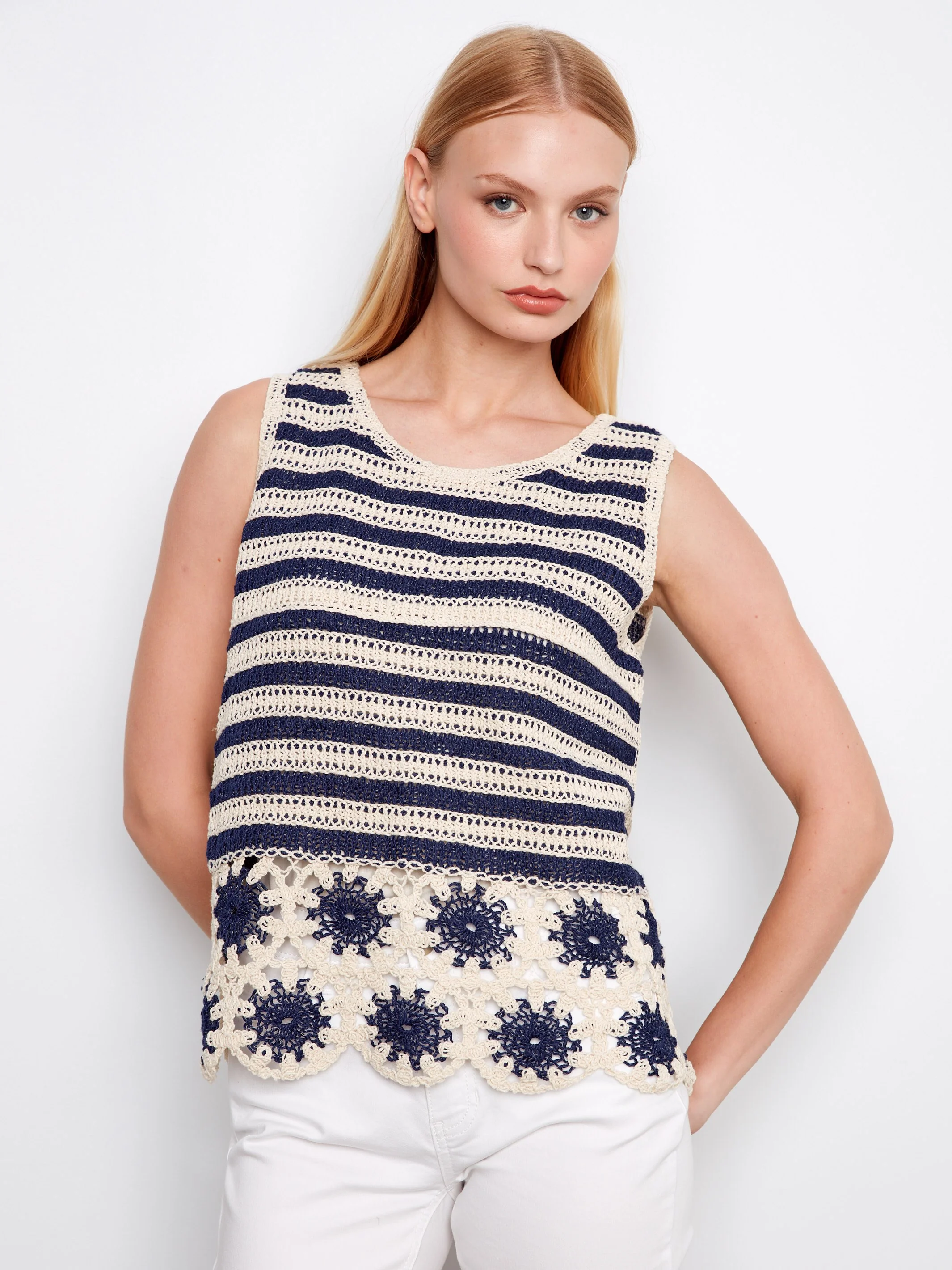 Striped Sleeveless Crochet Top With Floral Hem - Navy - Image 3