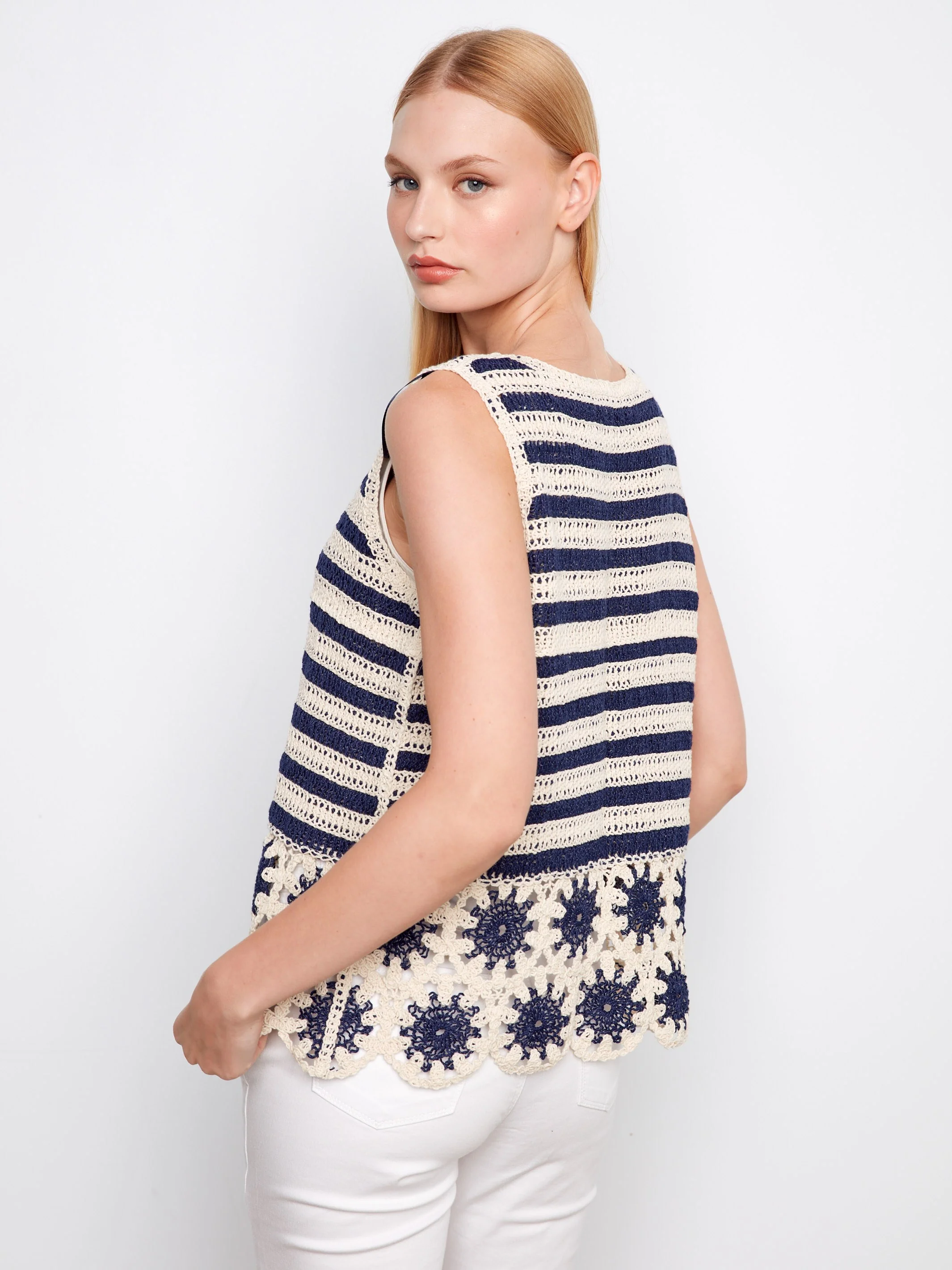 Striped Sleeveless Crochet Top With Floral Hem - Navy - Image 4