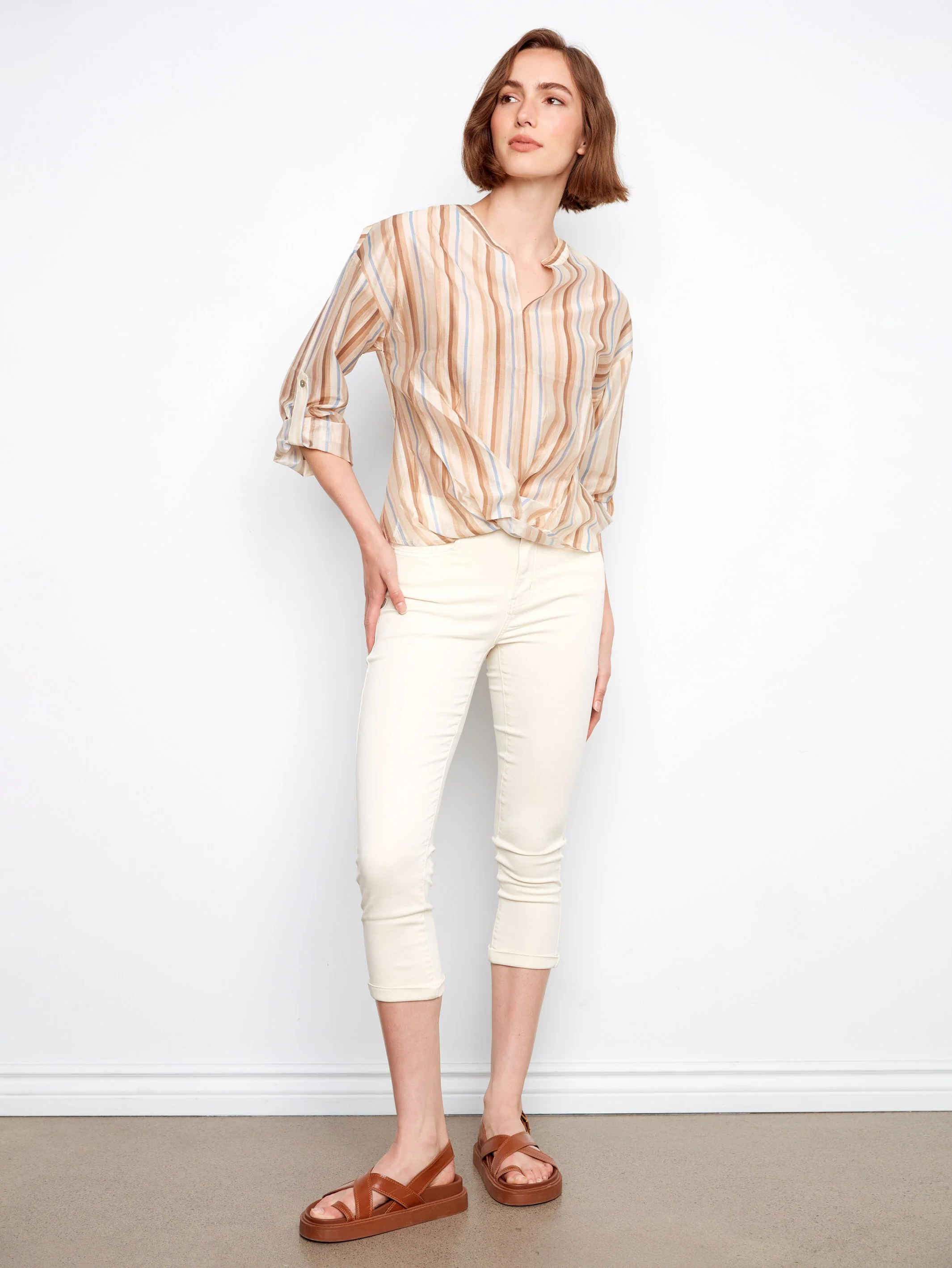 Striped Tencel Blouse With Front Twist - Brownie - Image 2
