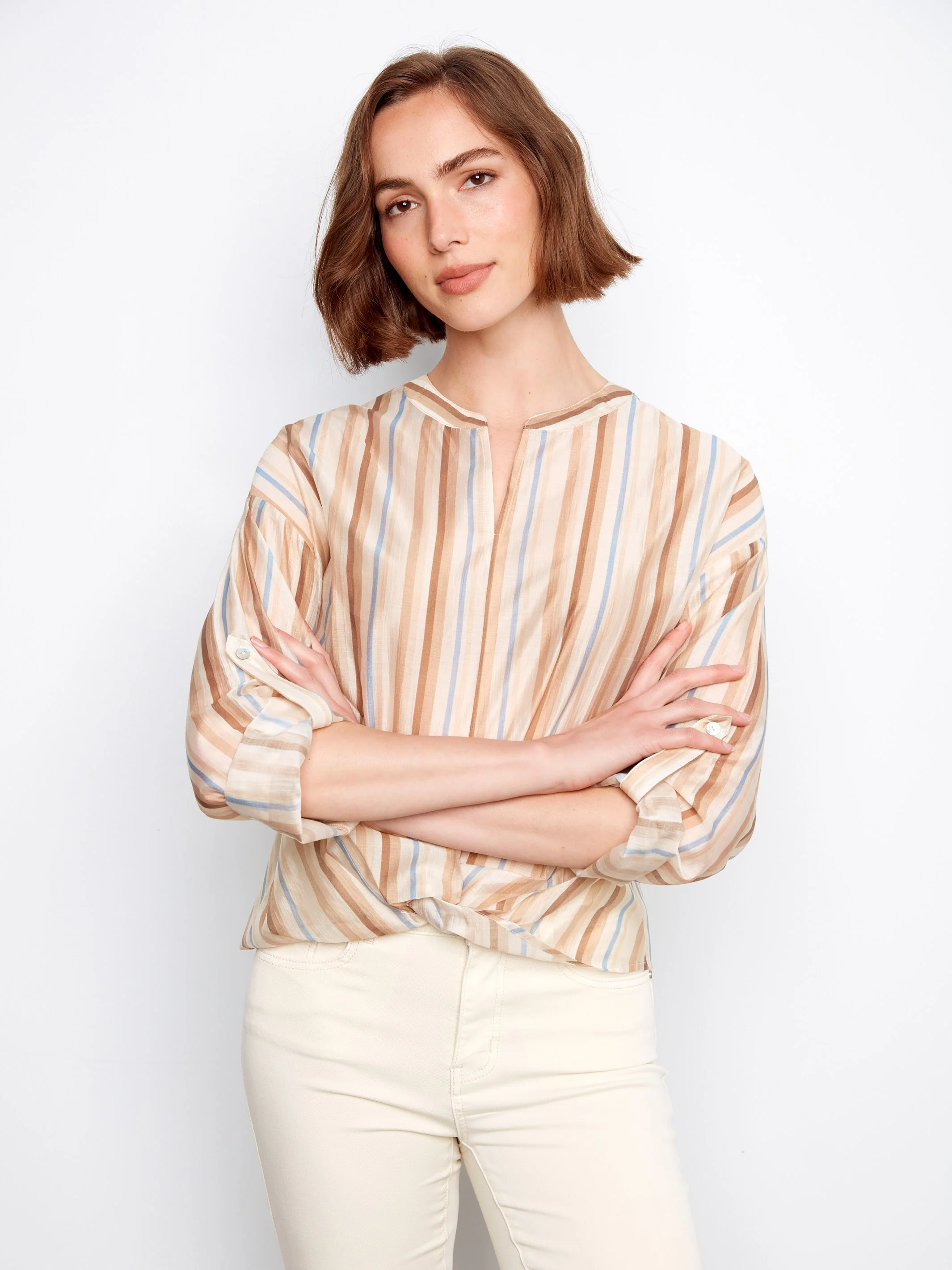 Striped Tencel Blouse With Front Twist - Brownie - Image 3