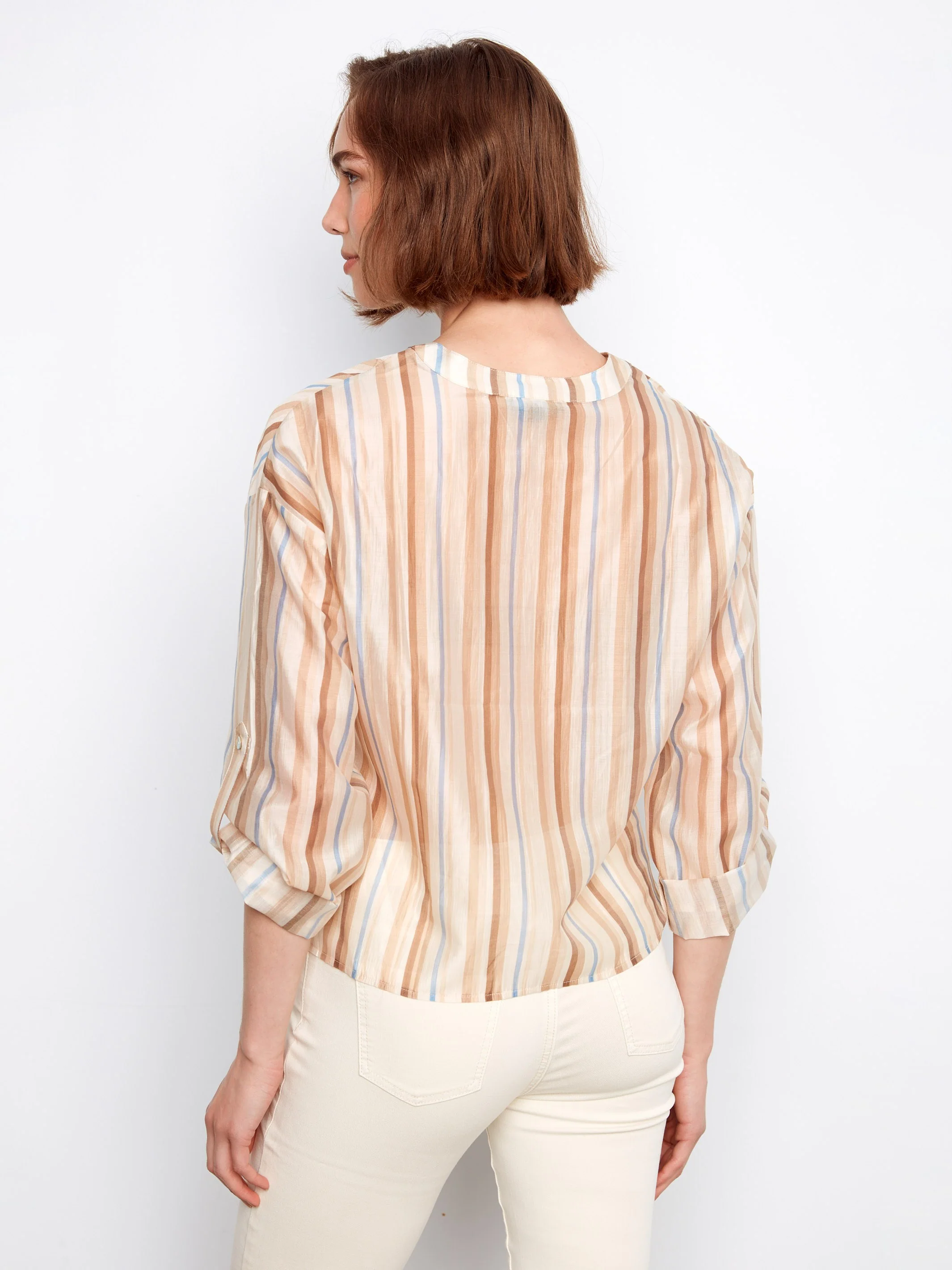 Striped Tencel Blouse With Front Twist - Brownie - Image 5