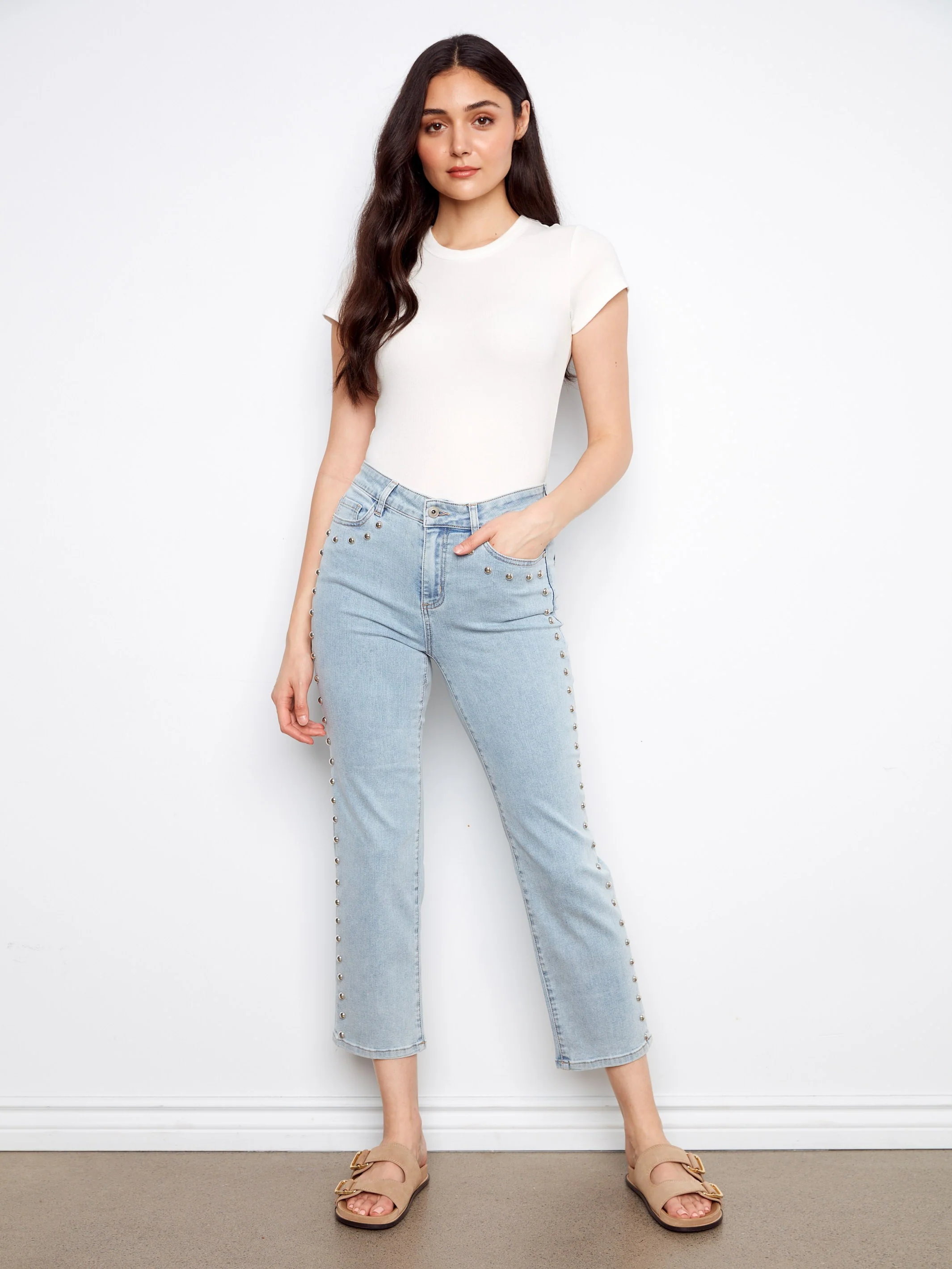 Studded Straight Leg Jeans - Light Blue