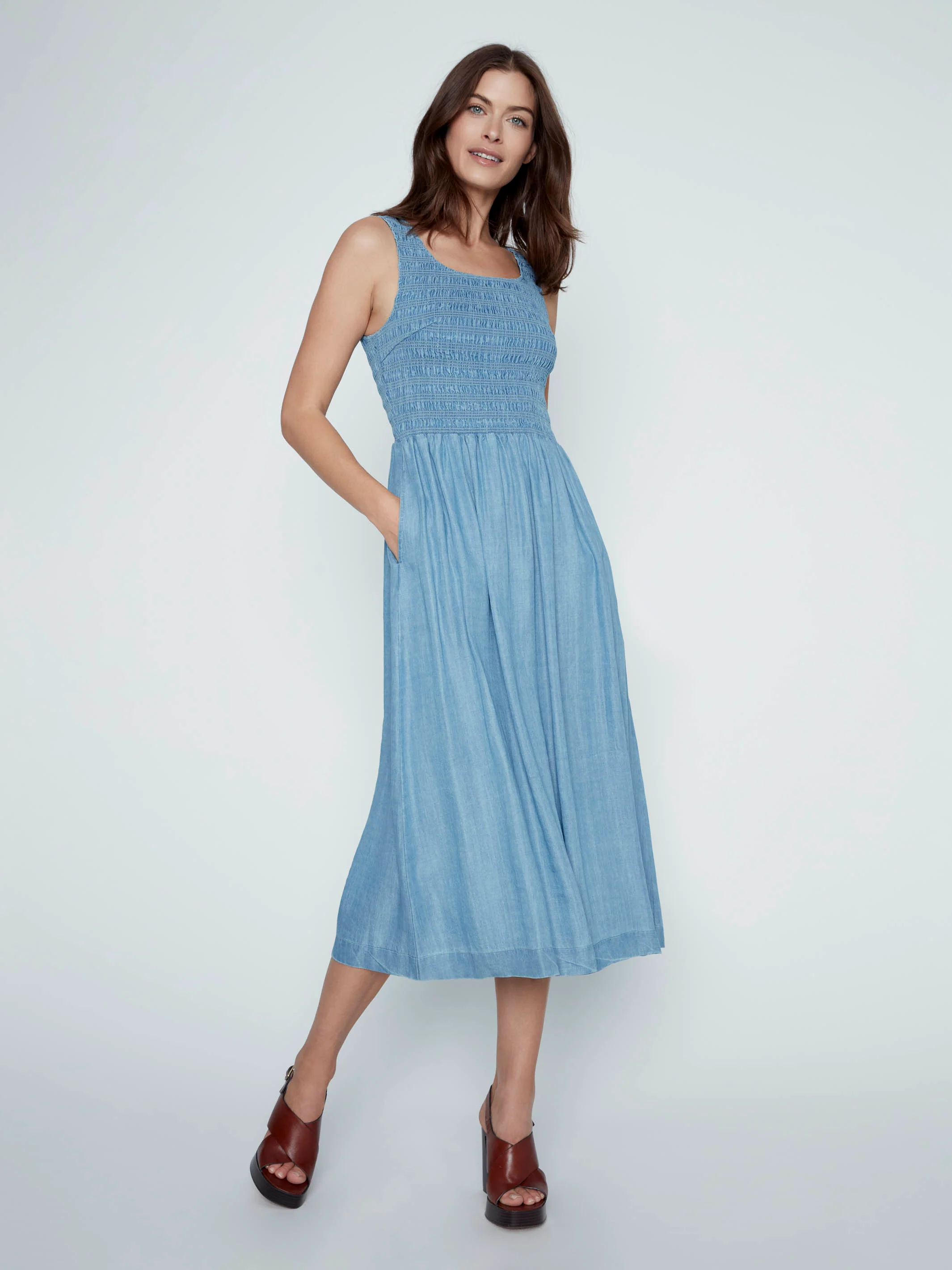 Tencel Sleeveless Smocked Maxi Dress - Soft Blue - Image 4