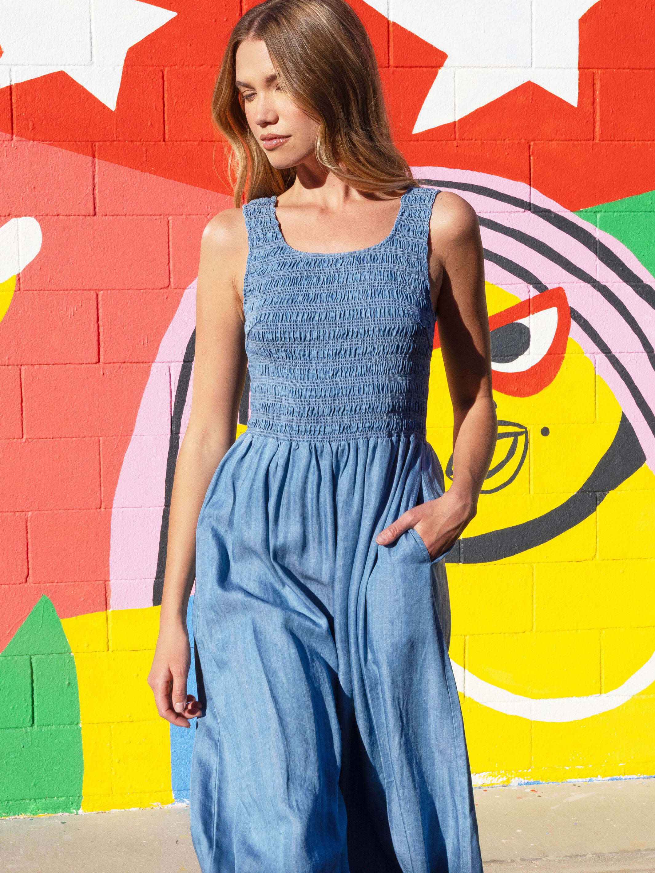 Tencel Sleeveless Smocked Maxi Dress - Soft Blue - Image 7