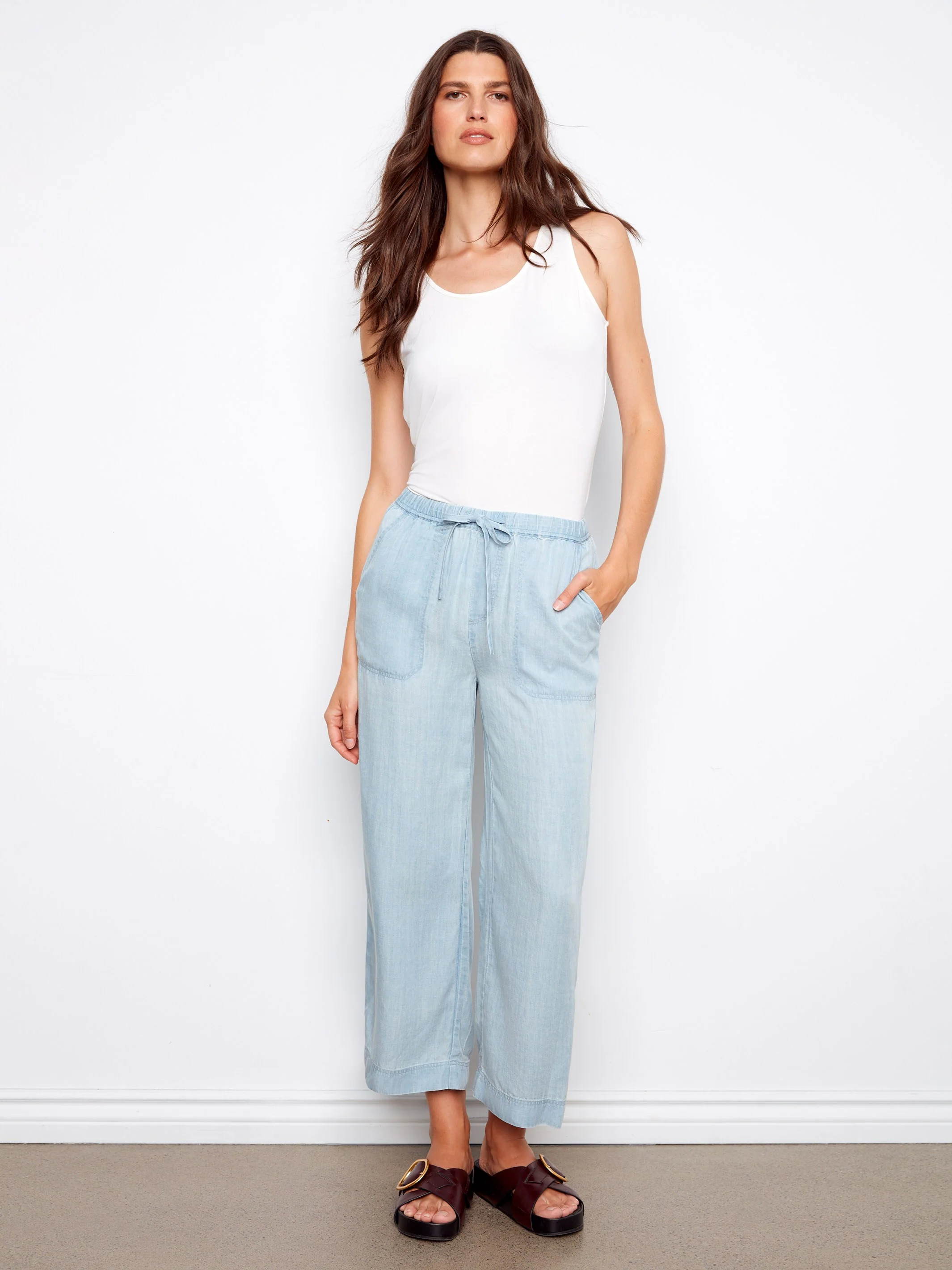 Tencel Wide Leg Jogger Pants - Light Blue
