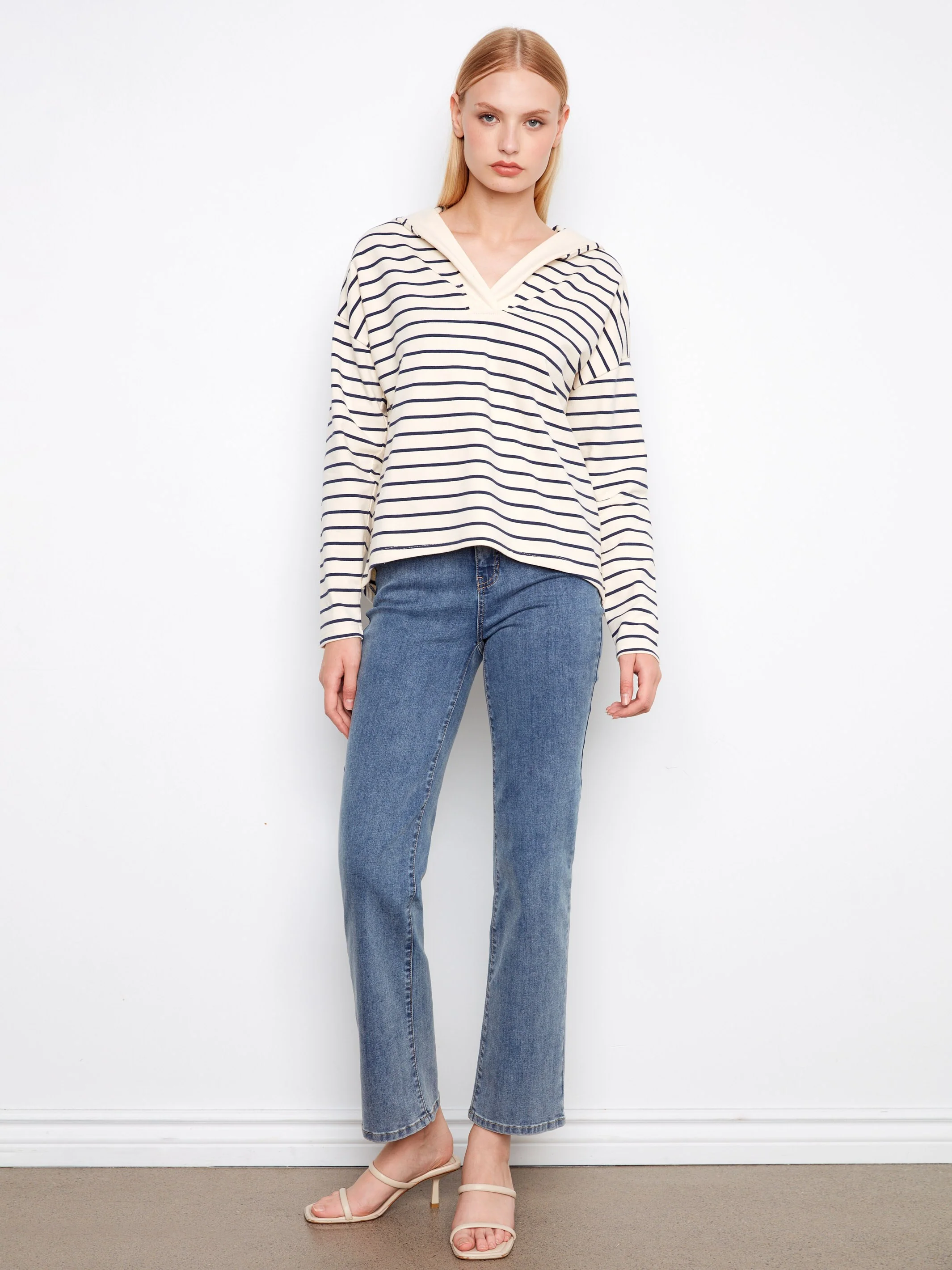 V-Neck Striped Hoodie - Navy - Image 2