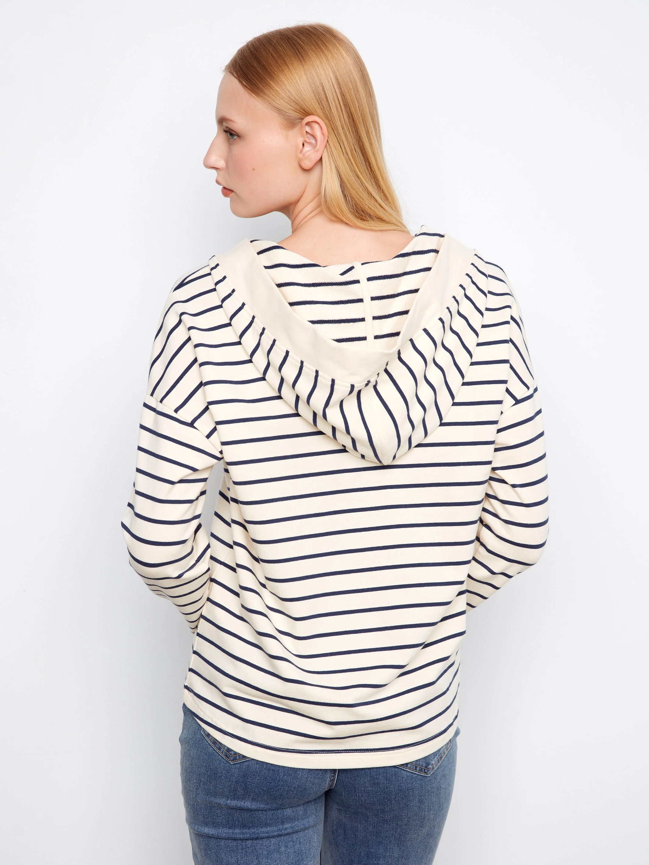 V-Neck Striped Hoodie - Navy - Image 3