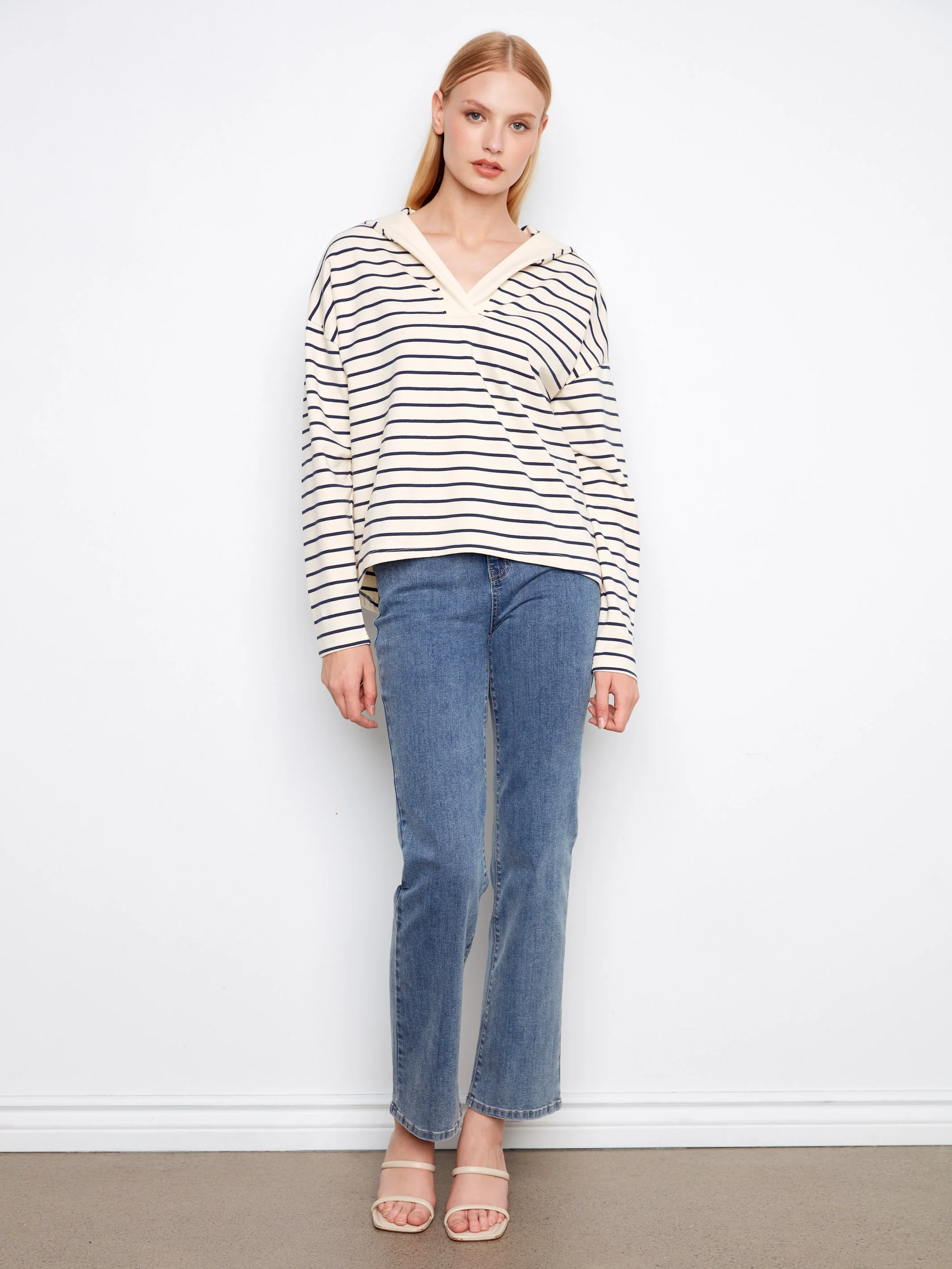V-Neck Striped Hoodie - Navy - Image 5