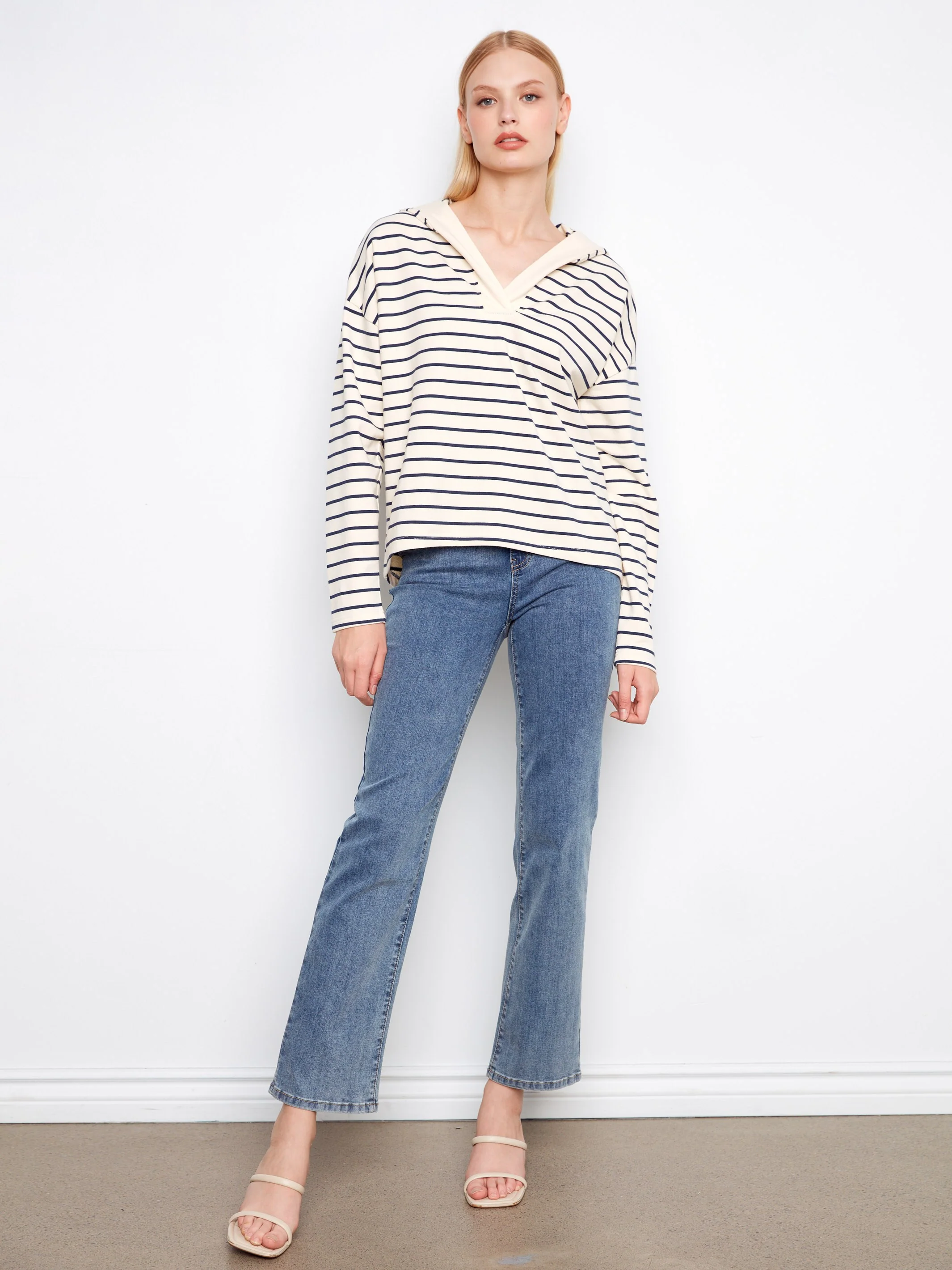 V-Neck Striped Hoodie - Navy - Image 6
