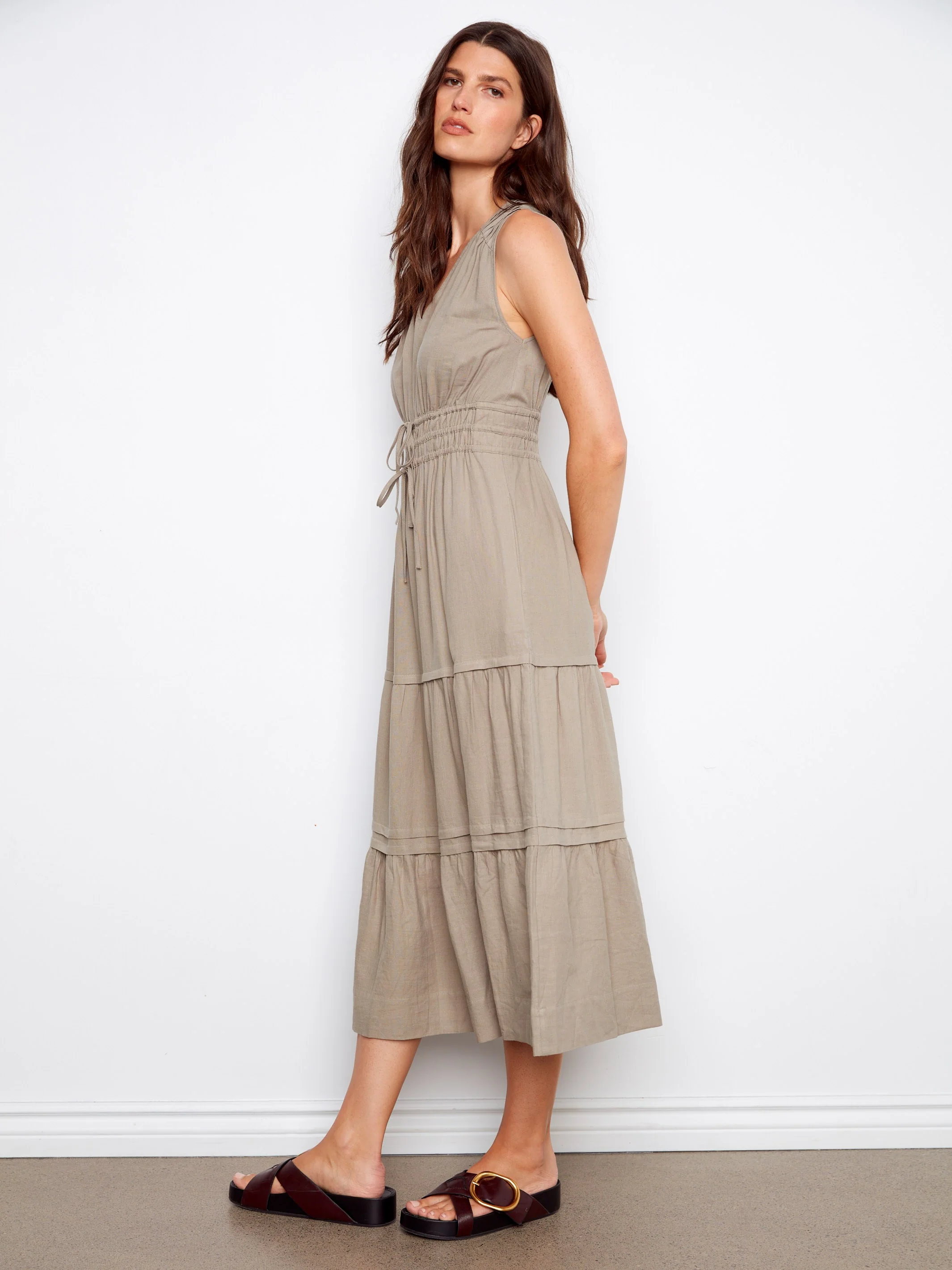 V-Neck Tiered Linen Maxi Dress - Sage - Image 3